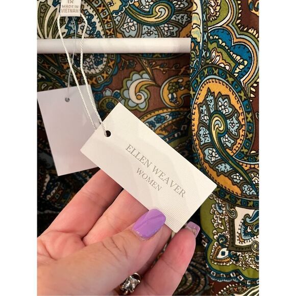 Ellen Weaver Brown & Green Paisley Secretary Bow Button Down Blouse sz 1X NWT - Picture 3 of 7